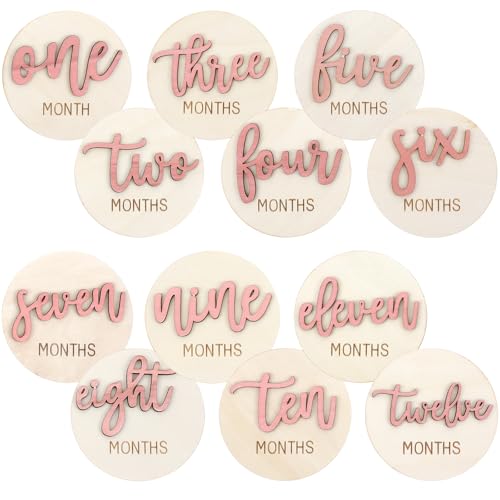 6 PCS Baby Monthly Milestone Cards Double Sided Wooden 3D Milestone Cards Signs for Photos Announcement Sign 1-12 Months Baby Shower Gifts Photography Photo Newborn Keepsake Gift(Pink)