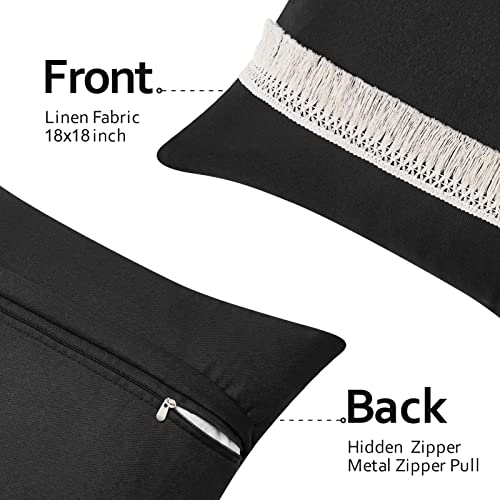 Black Farmhouse Throw Pillow Covers Set of 4 with White Tassel, 18 x 18 Inches