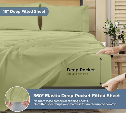 Image of ROYALE LINENS 100% Organic Cotton Full Sheet Set - Percale Weave - 4 Pieces Set - 1 Flat, 1 Deep Pocket Fitted Sheet and 2 Pillowcases - Sage Green Bed Sheets - Sabanas Full - Crisp Cool (Sage Green)