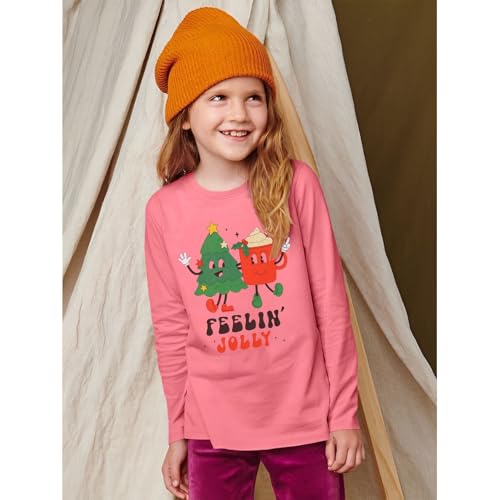 Image of Kids Christmas Shirts Girls Boys Feelin Jolly Long Sleeve T-Shirts Xmas Tree Hot Cocoa Graphic Tee Holiday Fall Tops