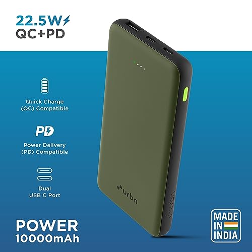 Image of URBN Power Bank 10,000mAh - Ultra Slim, 22.5W Two Way Fast Charging, Triple Output, Dual Type C PD, 12 Layers Circuit Protection, BIS Certified, 6 Months Warranty Free Type C Cable - Camo