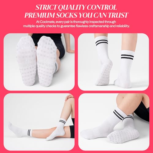 Image of CoolMate Pilates Socks with Grips for Women, Yoga Socks, Stripe Crew
