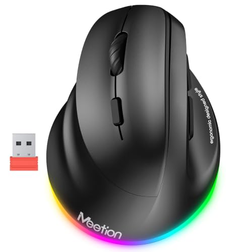 MEETION Linkshänder-Maus Ergonomisch Kabellos Vertikal RGB für Bluetooth (5.2 + 3.0) und USB-A Mit Typ-C-Adapter 4 Einstellbare DPI für Mac/Windows/PC/Tablet/iPad Schwarz