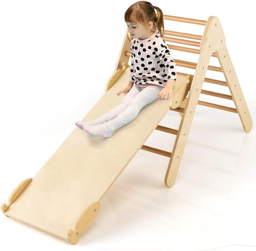 GOPLUS Triángulo de Escalada con Rampa Reversible, Juguete de Escalada para Niños de Madera 2 en 1, Juguete para Escalar y Deslizarse, Parque Infantil para Guardería, Carga 50 KG (Natural)