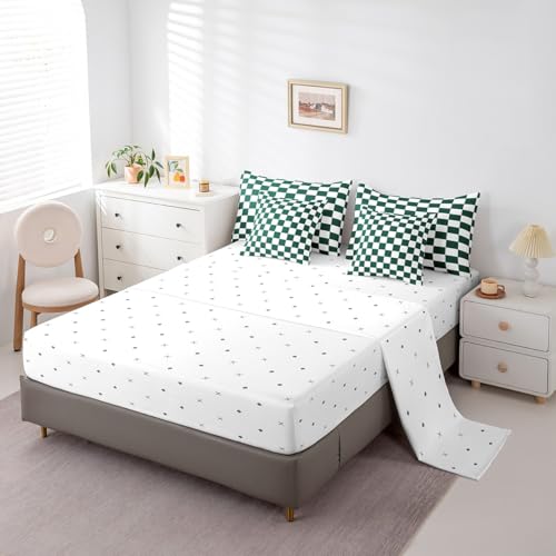 Image of Erosebridal Aesthetic Checkered Twin Bed in A Bag 7 Piece White Green Checkerboard Bedding Set,Buffalo Plaid Grid Comforter Set with Sheets for Kids Teen Adults Geometric Gingham Bed Set