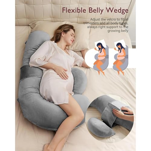 Image of J-Shaped Sleeping Pregnancy Pillow| Removable Velvet Covers| PregnoCare Fibres| Baby Shower Gift, Maternity, Nursing| Full Body Soft-Support Bump, Head, Back, Shoulder, Hips, Legs and Belly (Grey)
