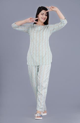 Image of Amazon Brand - Tavasya Women Cotton- Rayon Printed Kurti with Pant Co-Ord Set | Soft Comfortable Straight Fit Ethnic Kurta Set | 3 /4 Sleeves V-Neck Daily, Office & Casual Wear