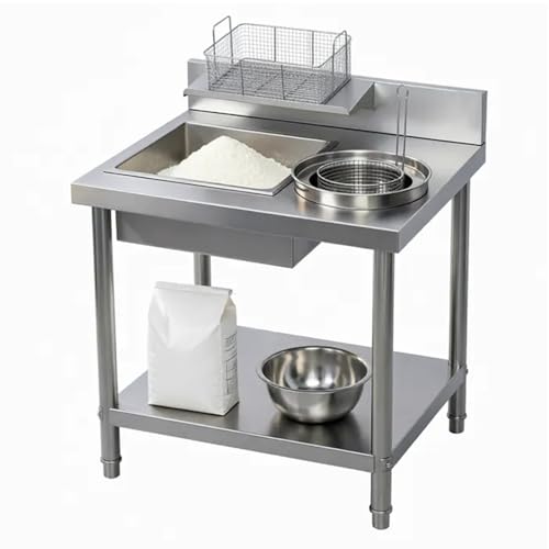 Image of Stainless Steel Breading Table Breading Worktable with Removable Basins & 2 Baskets Fried Chicken Breading Station with Bottom Storage Shelf Commercial Fried Food Prep Table for Kitchen Restaurant