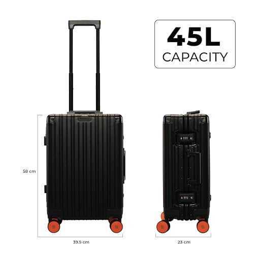 Image of EUME 100% Aluminium Cabin Trolley Bag Small for Travelling 50cm | Durable High-End 8 Silentrun 360 Degree Spinner Wheels | Premium Trolley Bag Small for Travel (Black with Orange Wheels)