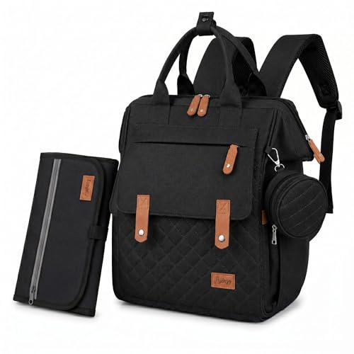 AWASG Wickelrucksack Inkl. Wickelunterlage Wickeltasche Groß mit Viel Stauraum Baby Rucksack für Unterwegs Schwarz