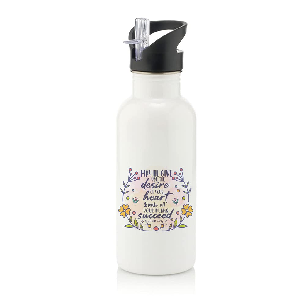Getagift Men's White May He Give You The Desires Of Your Heart Bible Verse/Quote Faith In God Present For /Wo, Thanks Giving, Birthday Present Stainless Steel 600Ml Water Bottle With Straw. (White)