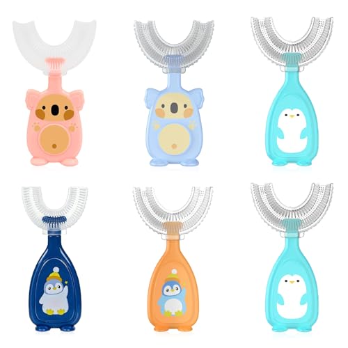 HOPEYMY26 Set de 6 Piezas Cepillo Dientes Infantil Cepillos de Dientes Infantiles en Forma de U para Niños de 2 a 6 Años, Cuidado Bucal 360°, Masaje de Encías, Limpieza Completa (Azul, Naranja, Rosa)