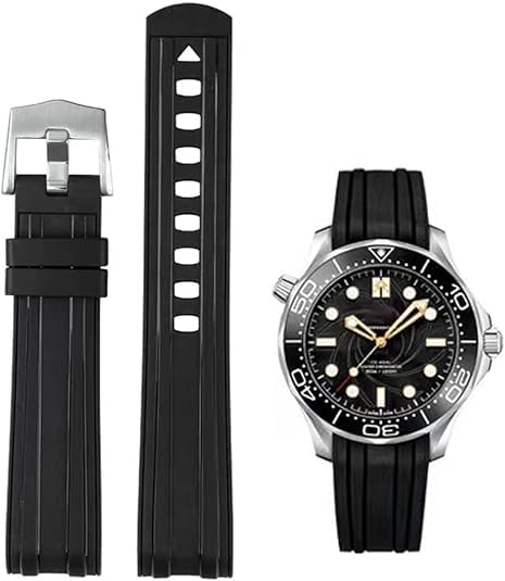 YHMOO Watch Strap 20mm Rubber Curved Solid End Tapered Watch Band, Compatible with Omega Seamaster New 300 Diving Watchbands Replacement (BLACK)