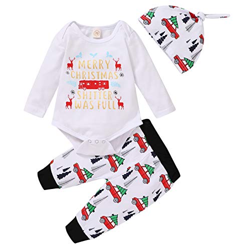 Family Christmas Newborn Baby Xmas Car Romper Pants+Xmas Hat Coming Home Outfits Set