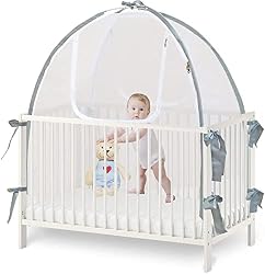 baby in crib tent with a teddy bear