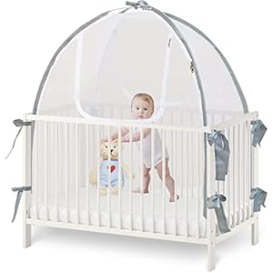 Baby Crib Tent Safety Net, Durable Strong Self-Locking Zippers, Protects from Climbing Out and, Insects, Mosquitoes, Installs with Rods (Crib 52.25″ – 28.25″)