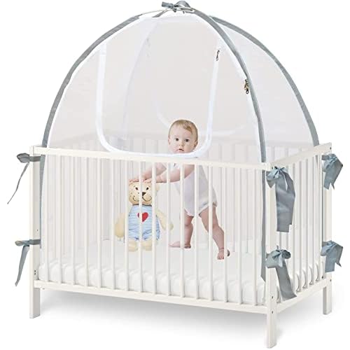 Baby Crib Tent Safety Net, Durable Strong Self-Locking Zippers, Protects from Climbing Out and, Insects, Mosquitoes, Installs with Rods (Crib 52.25″ – 28.25″)