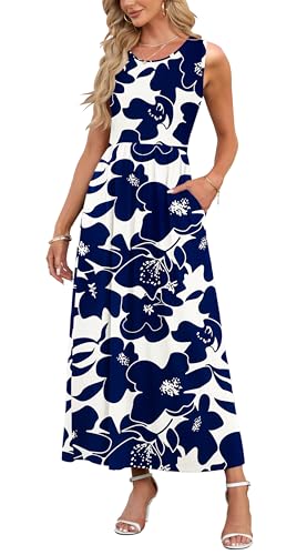 AUSELILY Summer Dresses for Women Casual Sleeveless Ladies Maxi Dress Long with Pockets White Navy Flower M