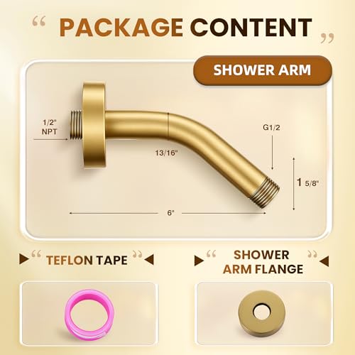 FROPO Brushed Gold Shower Arm 6" Shower Extension Arm with Flange and Teflon Tape, Solid Brass Construction 1/2″ NPT, Close to Wall Shower Replacement for Shower Head & Handheld Shower Head by FROPO - Used condition - Image 4