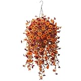 Fall Artificial Fake Mums Hanging Flowers Plants Basket for Outdoor Decoration,Faux Silk Daisy planters UV Resistant Look Real for Home Porch Patio Balcony Yard Autumn Decor (Orange Brown)