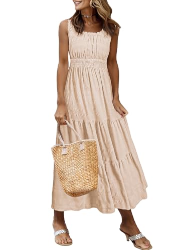 AlvaQ Women Summer Dresses Sleeveless Smocked Midi Dress High Waist Casual Tiered A Line Sundress with Pockets