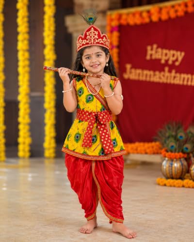 Image of Sarvda Krishna & Radha Dress for Kids - Complete Janmashtami Costume Sets with Dhoti /Lehenga, Mukut, Mor Pankh, Bansuri & Accessories | Fancy Dress for Baby Boys & Girls