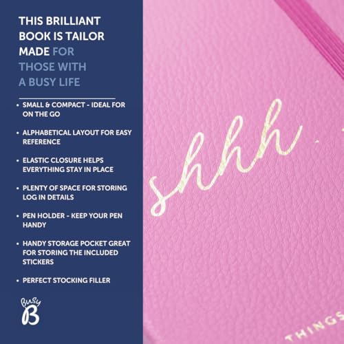 Busy B Password Book - Pink Faux Leather Cover All your Internet Passwords in One Place - Compact & Discreet Design with Tabbed A-to-Z Index, Storage Pocket, Stickers & Elastic Closure Band - Image 3