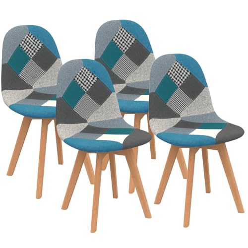 IDMarket - Lot de 4 chaises scandinaves SARA Motifs patchworks Bleus