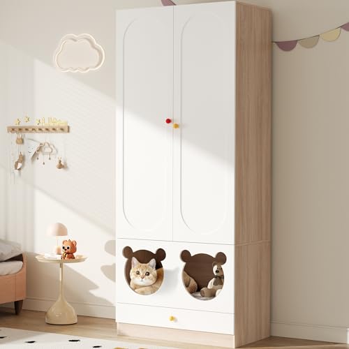 Armario infantil blanco y natural de 80x50x200 cm con barra para ropa 4