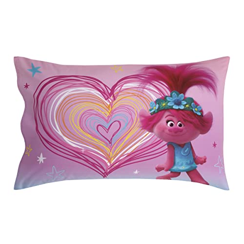 Image of NoJo DreamWorks Trolls Show Up Glow Up Pink and Blue, Hearts and Stars 4 Piece Toddler Bed Set - Comforter, Fitted Bottom Sheet, Flat Top Sheet, and Reversible Pillowcase