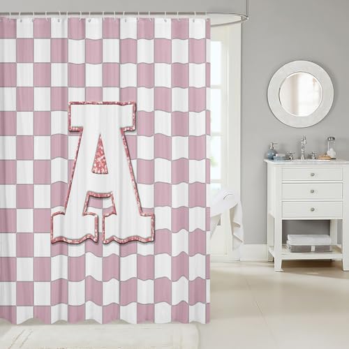 Image of Erosebridal Pink Initial A Bathroom Accessories Kawaii Plaid Checkered Shower Curtain Cute Personalized Monogram Bathroom Curtain for Kids Girls 72 inch Wx72 L Fashion Grids Gingham Shower Decor