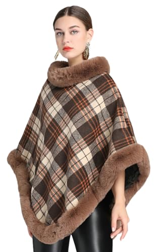Women Poncho Cloak Plaid Pullover Cape Thick Faux Fur Shawl Wrap Knitted Batwing Sleeve Winter Woolen Sweater