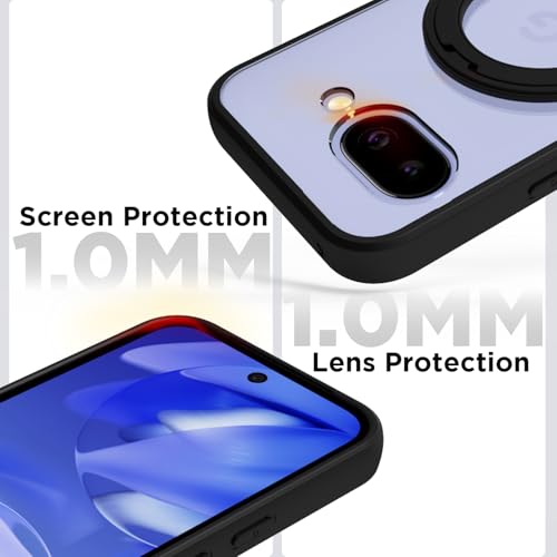 Image of RIGGEAR Shockproof Sleek Hybrid Armor 360 Rotating Magnetic Ring Stand Back Cover Case Compatible with MagSafe Accessories for Google Pixel 9A (Clear PC + Black TPU Bumper)