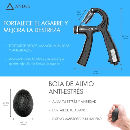 Andes. Hand Grip, Ejercitador de Manos, Fortalecedores de Mano, Ajustable de 5-60kg con Agarre Antideslizante y Función de Conteo, Gym en Casa. (Incluye Pelota Anti Estrés de Regalo) - Imagen 4