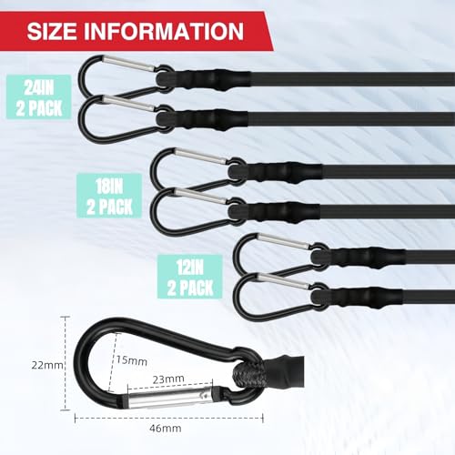 Image of Xfopz 6 Pcs Carabiner Bungee Cords with Hooks- Heavy Duty Bungee Straps Strong Elastic Rope for Outdoor Tent, Luggage Rack, Camping, Cargo, RV, Bike, Transporting,100 LBS Max Break Strength