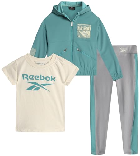 Reebok Baby Toddler Little Girls Activewear Sets - 3 Piece Active Fleece Shirt Hoodie Sweatshirt and Joggers Girls Pants Set