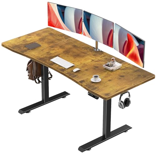 Veken 63 x 28 Inch Electric Standing Desk, Sit to Stand Up, Work Home Office Computer Table for Study, Walking Pad, Writing, and Games, Wooden Desktop Desks, Brown