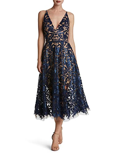 Dress the Population Women's Blair Plunging Fit and Flare Midi Dress Dress, Navy/Nude, L