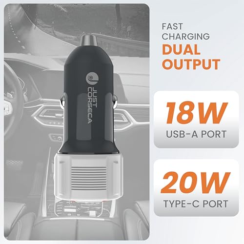 Image of JUST CORSECA SSPEED PD20W Car Charger for Lightning-Fast Charging | USB & Type-C Ports with 1M USB to Type-C Cable | Portable Design (Black)