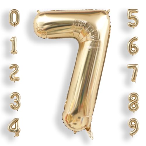 Image of AULE 40 Inch Large 7 Balloon Numbers Light Gold, Big Foil Number Balloons, Giant Helium Happy Birthday Party Decorations for Man and Women, Huge Mylar Anniversary Party Supplies