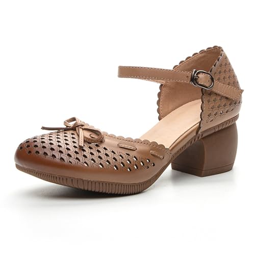 Women's Cowhide Leather Bow Chunky Heel Mary Jane Mid Block Heel Cut Out Soft Bottom Ankle Strap Buckle Dress Pumps Breathable Non Slip Nurse Walking Shoes