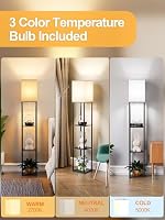 Floor Lamp with Shelves for Living Room, Shelf Floor Lamp with 3 CCT LED Bulb, Corner Display Standing Column Lamp Etagere Organizer Tower Nightstand with White Linen Shade for Bedroom, Office — image 2