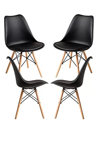 Image of Set of 4 Modern Style Mid Century Modern Dinning Room Cafe Hotel Office Wooden Legs Chair (Black with Cushion)