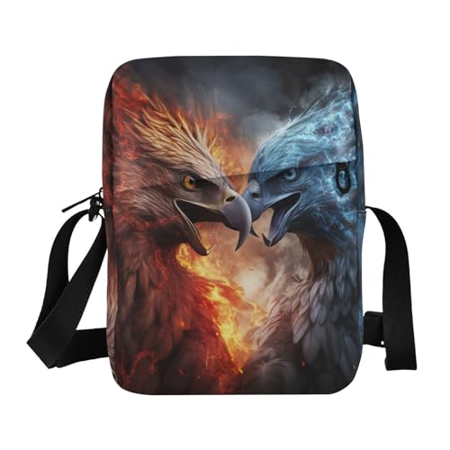Crossbody Bag Blue Ice Fire Flame Bald Eagle Fight Messenger Bag for Women Men Purse Shoulder Bag Satchel Bag with Adjustable Strap 214A5639
