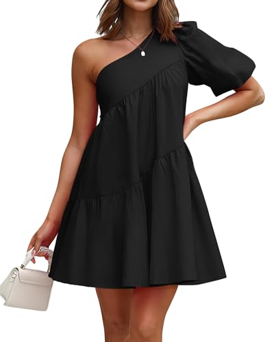KIRUNDO Summer One Shoulder Mini Baby Doll Dresses Women 2025 Casual Puff Sleeve Loose Tiered A Line Flowy Short Dress