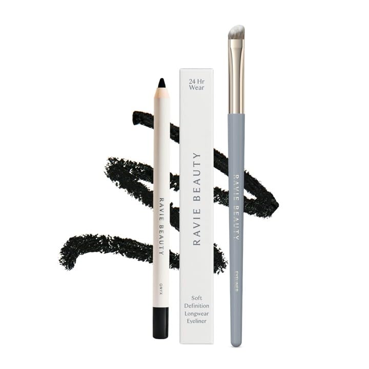 Ravie Beauty Soft Definition Eye Duo Set – Longwear Eyeliner Pencil BLACK & Angled Eyeliner Brush for Smooth, Softly Defined Everyday Eyes