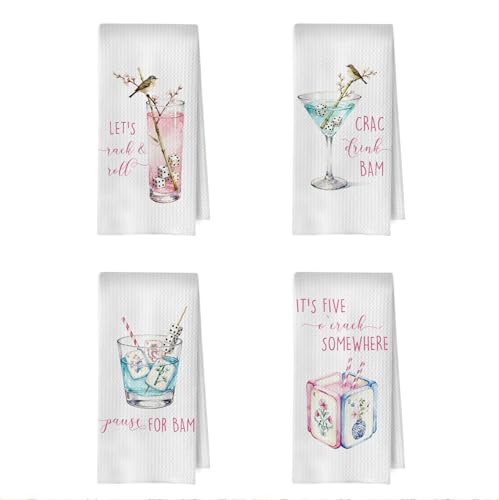 Image of Mahjong Cocktail Kitchen Towel - Funny Mahjong Cocktail Decorative Waffle Dish Towels, Pink and Blue Hand Towel, Tea Towel for Kitchen, 16x24 Inch Set of 4