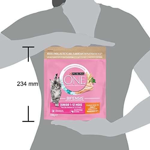 Purina One Junior 1 bis 12 Monate mit Huhn und Vollkornkätzchen Trockenfutter, 450g