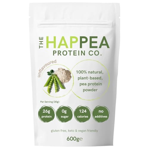 HAPPEA Polvo de proteína de guisante 100% - 600 g, 85% de contenido de proteínas, proteína vegana en polvo, vegetal, natural, sin aditivos y azúcar, proteína en polvo para el desarrollo muscular y la