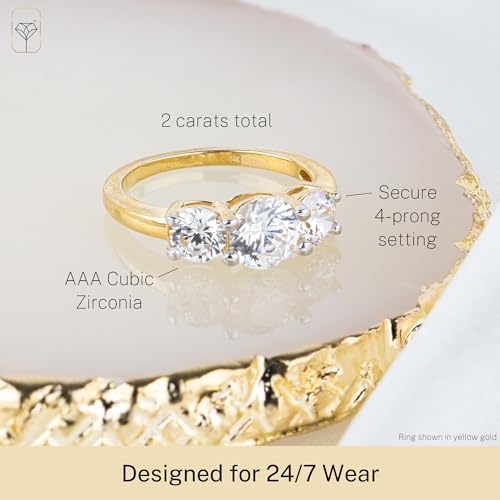 MAX + STONE 2 Carat Cubic Zirconia Anniversary or Engagement Ring for Women in 14k Solid White or Yellow Gold Three Stone CZ in Size 5 to 93